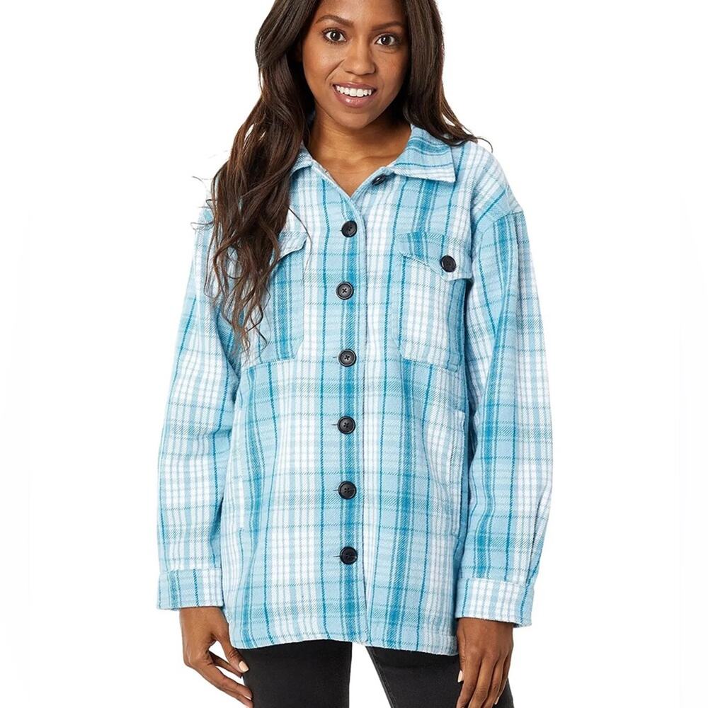 NWT Lucky Brand Shacket Blue/White Button Up Oversized Pockets Womens XL